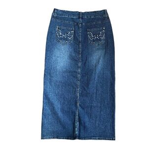 Hip Jeans Sz M VTG Denim Maxi Skirt Y2K Butterfly Rhinestone Embroidered